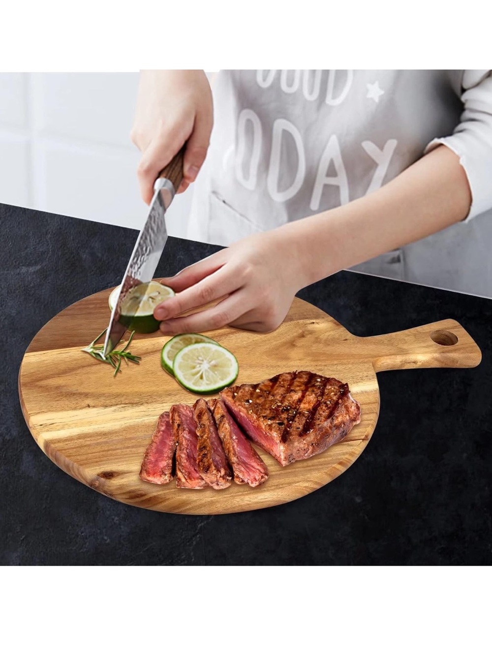 Acacia Wood Cutting Board with Handle Wooden Chopping Board Round Large New - Picture 6 of 6